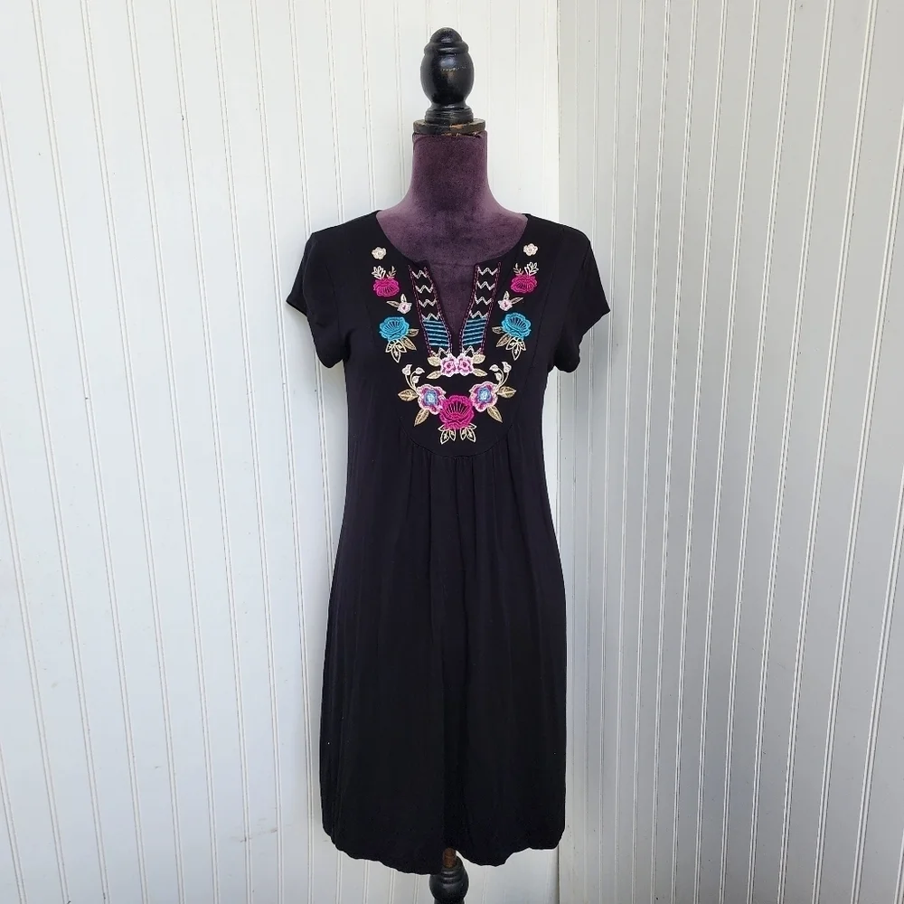 Design History Dress Womens Black Jersey Stretch Knit Floral Embroidered Sz S